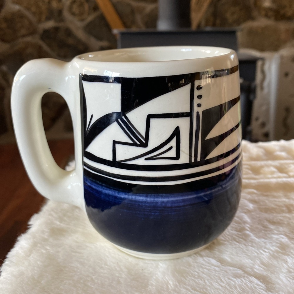 Vintage Ute Mountain Tribe Pottery Coffee Mug Cup Donna Bancroft Blue Navy